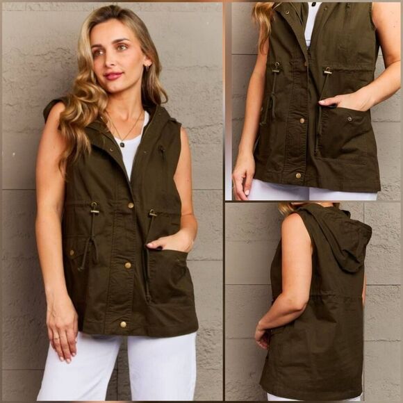 💜Zenana Olive Zipper Front Hooded Sleeveless Utility Jacket Large - Picture 15 of 16